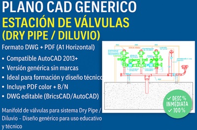 Plano CAD DWG Genérico – Estación de Válvulas / Manifold Dry Pipe para Sistemas de Diluvio (A1 Horizontal)